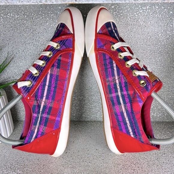 Coach Barrett Signature & Leather Poppy Pink & Purple Plaid Sneaker 8 RARE - Picture 6 of 7